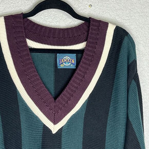 Vintage Jantzen Men’s Size L Striped Sweater V-Neck 80s 90s Preppy Grandpa USA - Picture 3 of 4
